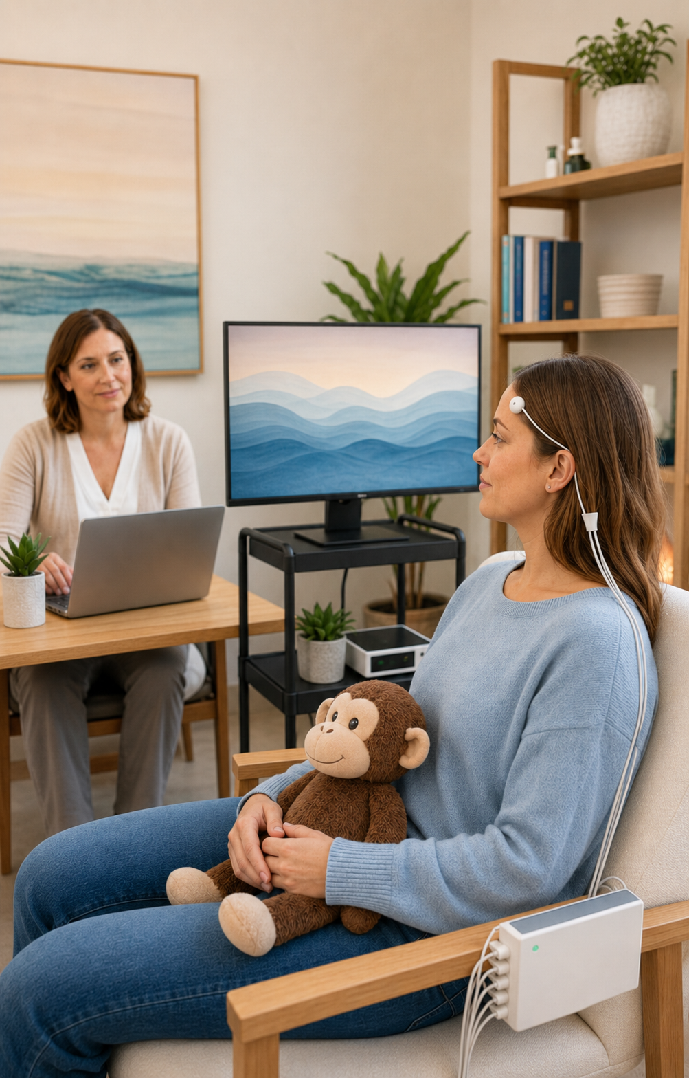 Client participating in neurofeedback while holding a comfort animal and watching visual feedback on a screen