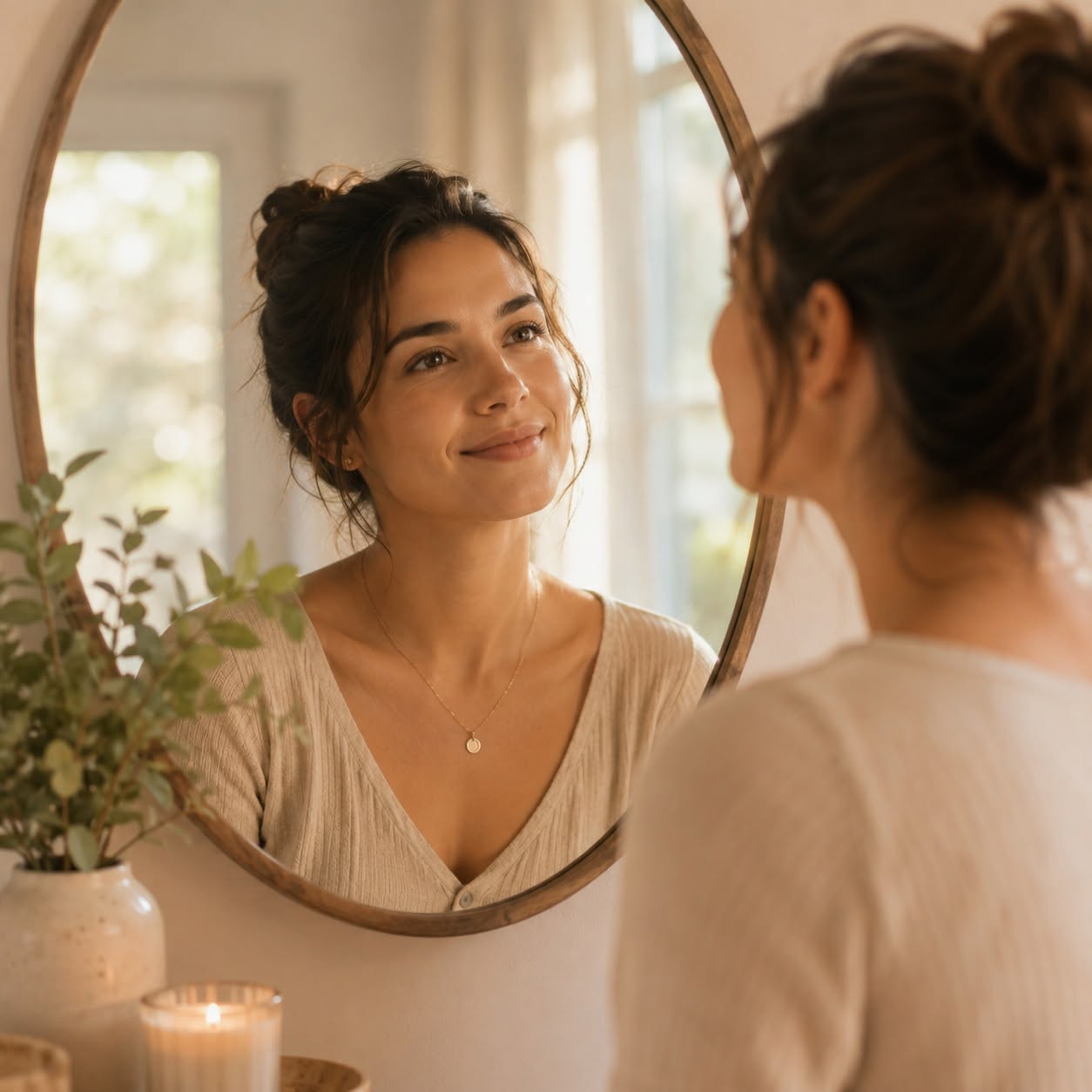 Happy woman looking in mirror